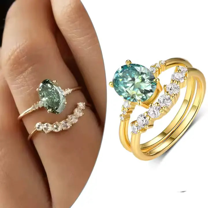 Green Moissanite Gold Plated Ring Set