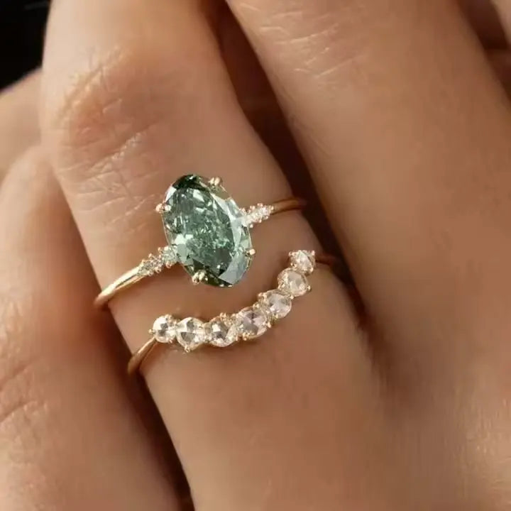 Green Moissanite Gold Plated Ring Set